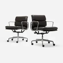 Soft Pad Management chairs, pair by Charles and Ray Eames, 1958 / 2009, leather, aluminum, enameled steel, sold Jul 2026