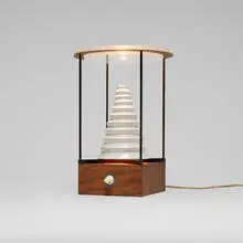 Garry Knox Bennett, Table lamp, 2003, walnut, enameled brass, porcelain, acrylic