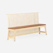 Studioilse, Bench with Back, c. 2021, ash, leather upholstery, copper