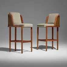 Autoban, Throne bar stools, pair, c. 2020, walnut, upholstery, cane