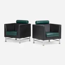 Ettore Sottsass, Eastside lounge chairs model 35S1, pair, leather, enameled steel