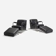 R.C. Coquery, Lounge chairs and ottomans, pair, c. 1930, leather, chrome-plated steel