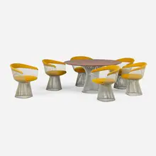 Warren Platner, Dining suite, walnut veneer, plated steel, Cato Gold wool upholstery