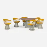 Warren Platner, Dining suite, walnut veneer, plated steel, Cato Gold wool upholstery