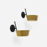 Lightolier, Sconces, pair, c. 1955, perforated brass, enameled steel, frosted glass