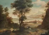 North Italian School circa 1700, Italianate landscapes with travelers on a path, a pair, oil on canvas