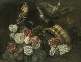 An upturned basket of flowers with a hoopoe and two thrushes by French School, oil on canvas, offered Jul 2019