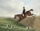 Huntsman jumping a wall by English School, oil on board, offered Jul 2019
