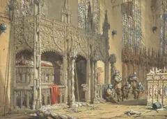 Joseph Nash, Cromwell's troops at Westminster, watercolour heightened with white