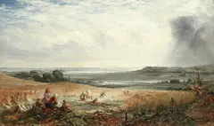 William W. Gosling, An extensive landscape with figures bringing in the harvest, oil on canvas