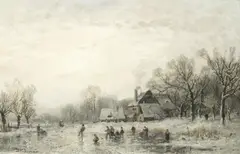 Adolf Stademann, Skaters on a frozen pond, oil on panel