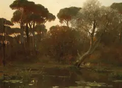 Wooded landscape, a pond in the foreground by Alfred de Curzon, oil on canvas, offered Jul 2019