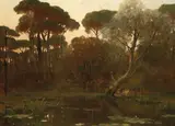 Alfred de Curzon, Wooded landscape, a pond in the foreground, oil on canvas