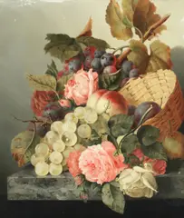 Edward Ladell, Still life of fruit and flowers on a grey marble ledge, oil on canvas