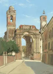 A street with a ruined church - Pescara by Jacques Carabain, oil on panel, offered Jul 2019