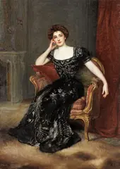 Adolfo Felice Muller-Ury, Portrait of a lady in a black dress seated on a Louis XV giltwood bergere, oil on canvas