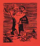 Lyonel Feininger, Trompeter“ / „Mann mit Horn, 1918, Holzschnitt auf rotem Seidenpapier