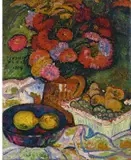 Cesar Klein, Stilleben mit Blumenvase und Obstschalen, 1908, Öl auf Leinwand