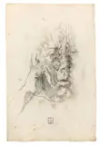Horst Janssen, Selbstbildnis, 1975, Bleistift und Farbstift auf altem Velin (rückseitig Stahlstich mit Darstellung eines Grundrisses)