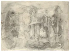 Leonora Carrington, Tuesday, 1946, Bleistift und Kohle, laviert und fixiert, auf Papier. Auf Papier aufgezogen. Rückseitig Bleistiftskizze