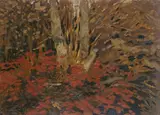 Hans am Ende, Birkenstämme zwischen roten Blumen