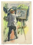 Emil Orlík, Max Slevogt an der Staffelei im Garten (Neukastell), 1917, Aquarell, Farbkreide und schwarze Kreide über Bleistift auf Papier
