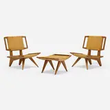 Paul Laszlo, Lounge chairs, pair and ottoman, 1950 / 1962, walnut, cane