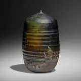 Untitled Closed Form (with rattle) by Toshiko Takaezu, c. 1995, glazed and raku-fired stoneware, sold Nov 2022