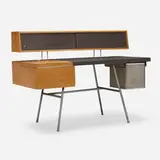 Home office desk, model 4658 by George Nelson & Associates, 1946, primavera, leather, brushed chrome-plated steel, perforated aluminum, lacquered wood, sold Nov 2022