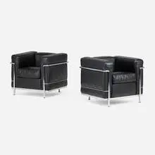 LC2 chairs, pair by Pierre Jeanneret and Le Corbusier Charlotte Perriand, leather, chrome-plated steel, sold Jul 2026