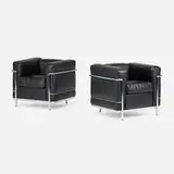 LC2 chairs, pair by Pierre Jeanneret and Le Corbusier Charlotte Perriand, leather, chrome-plated steel, sold Jul 2026