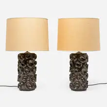 Oculus table lamps, pair by Pamela Sunday, c. 2010, glazed stoneware, patinated brass, linen shades, sold Jul 2026