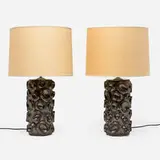 Pamela Sunday, Oculus table lamps, pair, c. 2010, glazed stoneware, patinated brass, linen shades