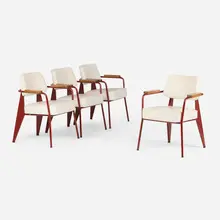 Jean Prouvé, Fauteuil Direction armchairs model 352, set of four, leather upholstery, enameled metal, walnut
