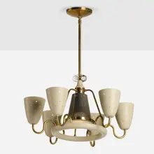attribution Paavo Tynell, Chandelier, c. 1965, brass, steel, enameled metal