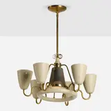 attribution Paavo Tynell, Chandelier, c. 1965, brass, steel, enameled metal