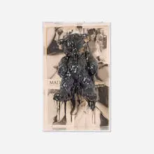 Mattia Biagi, Untitled (Tar Bear collage), 2016, stuffed bear, tar, magazine collage on cardboard
