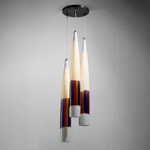 Chandelier by Vistosi, c. 1965, incamiciato glass with applied vertical canes, brass, LED lights, sold Jul 2026