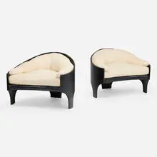 Henry P. Glass, Intimate Island lounge chairs, pair, 1966, lacquered plywood, upholstery, leather