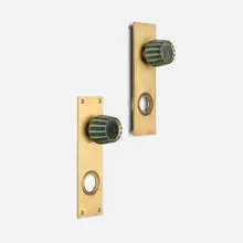 Pepe Mendoza, Door knobs with backplates, pair, c. 1955, brass, bronze parcel-gilt, ceramic inlay, hardstone