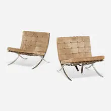 Barcelona chairs, pair by Ludwig Mies van der Rohe, leather, stainless steel, sold Jul 2026