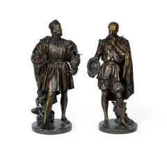 Jean-Jacques Feuchère, pair of patinated bronze figures depicting Benvenuto Cellini and Bernard Palissy, patinated bronze