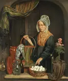 Ferdinand de Braekeleer, A shop window, with maid, basket of eggs and kitchenware, oil on panel
