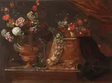 Jacques Hupin, A bronze urn filled with flowers alongside a silver dish on a draped table-top, oil on canvas