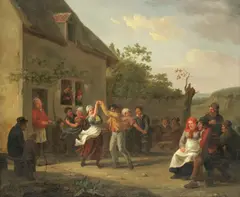 A village festival with peasants dancing and merrymaking by Constantinus Fidelio Coene, oil on panel, sold Mar 2019