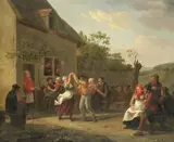 Constantinus Fidelio Coene, A village festival with peasants dancing and merrymaking, oil on panel