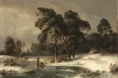 Ludwig Scheins, A winter landscape with figures collecting firewood, oil on canvas