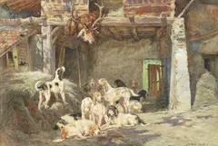 Jules Gélibert, Hounds in a stable, watercolour heightened with white