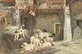 Jules Gélibert, Hounds in a stable, watercolour heightened with white
