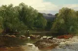 Frederick William Hulme, A river view with two figures on the bank, oil on canvas